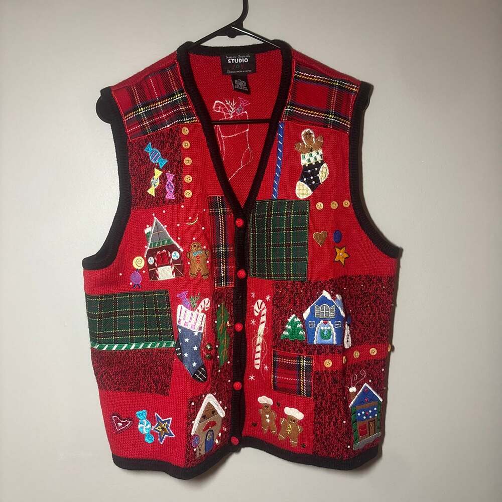 VTG Designers Originals Christmas Vest Red Patchwork XL